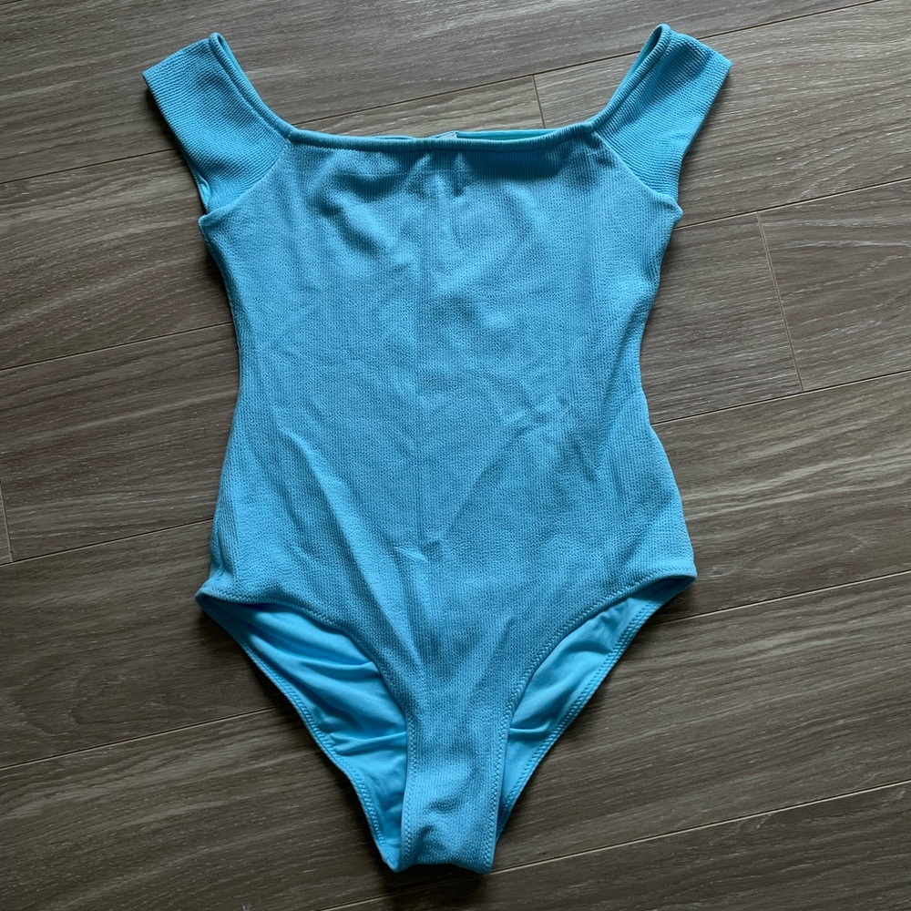 GANNI Women’s Stretch Seersucker One Piece Swimsuit Sky Blue Sz 36/ US 4, EUC